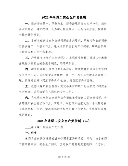 2024年采煤工安全生产责任制(二篇)