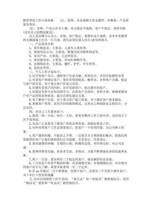 销售季度工作计划表格 