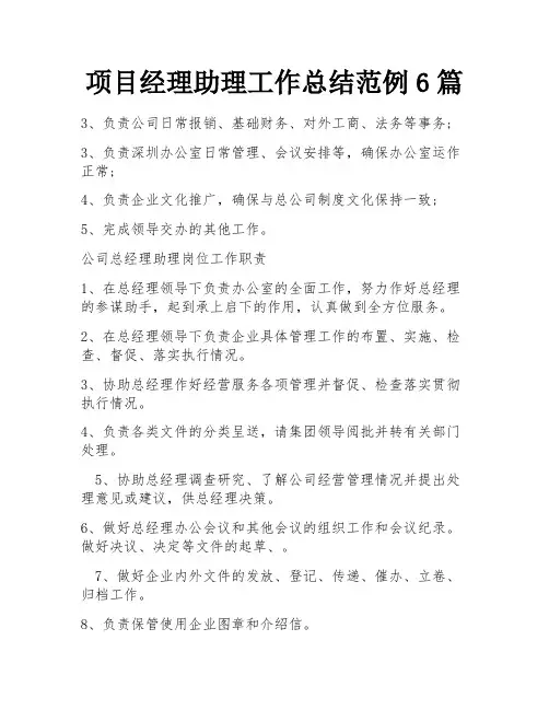 项目经理助理工作总结范例6篇