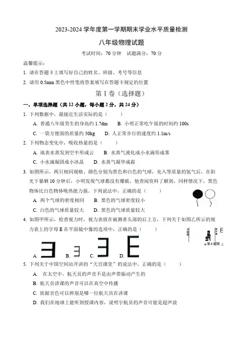 山东省菏泽市单县2023-2024学年八年级上学期期末物理试题 文字版