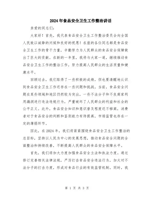2024年食品安全卫生工作整治讲话