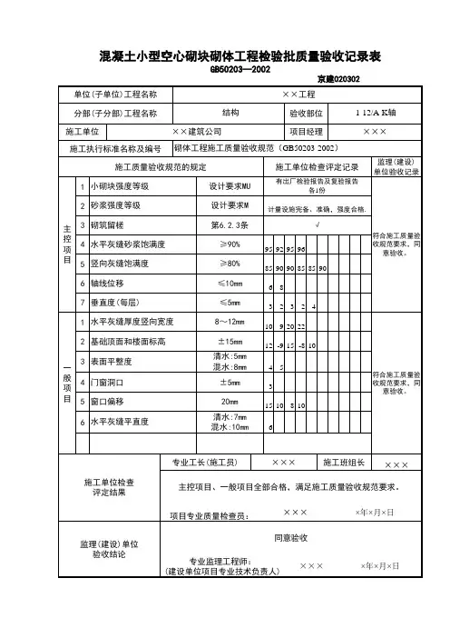混凝土小型空心砌块砌体工程检验批
