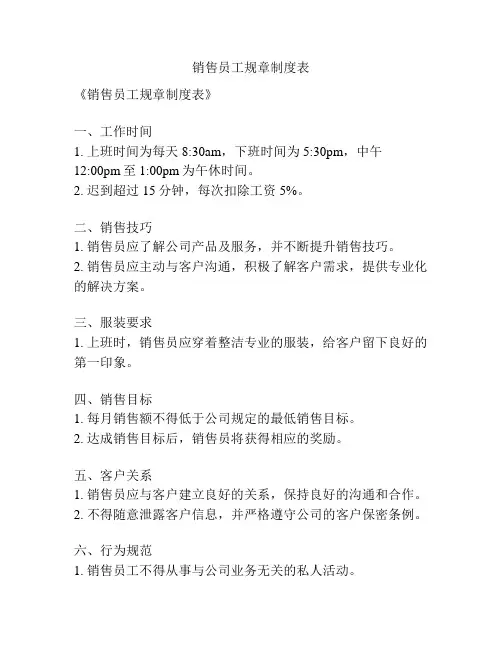 销售员工规章制度表