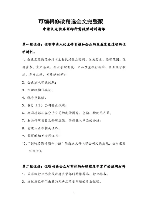 驰名商标申请材料清单精选全文