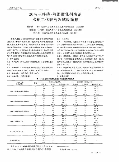 20%三唑磷·阿维微乳剂防治水稻二化螟药效试验简报