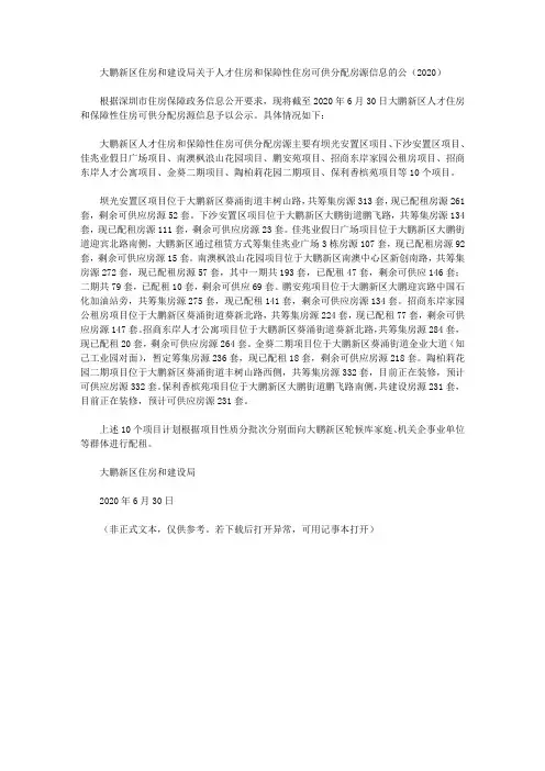 大鹏新区住房和建设局关于人才住房和保障性住房可供分配房源信息的公(2020)