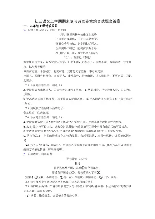 初三语文上学期期末复习诗歌鉴赏综合试题含答案