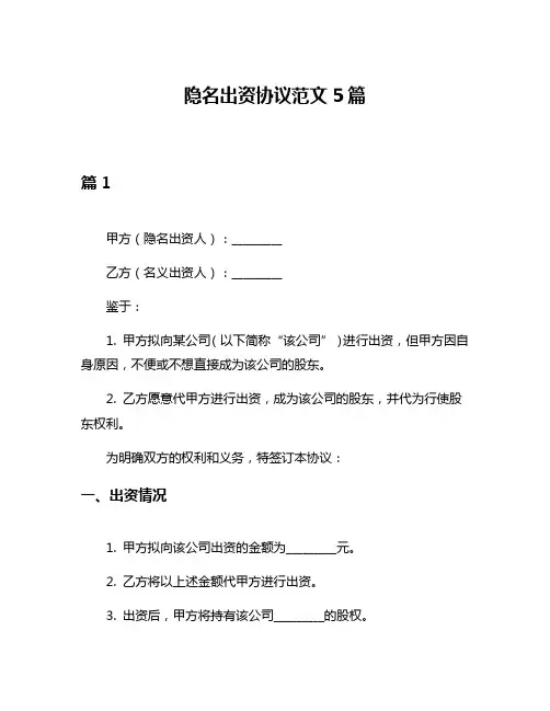 隐名出资协议范文5篇