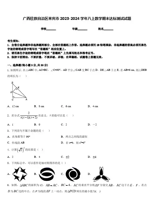广西壮族自治区来宾市2023-2024学年八上数学期末达标测试试题含答案