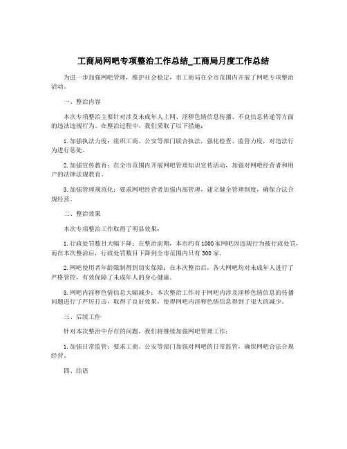 工商局网吧专项整治工作总结_工商局月度工作总结