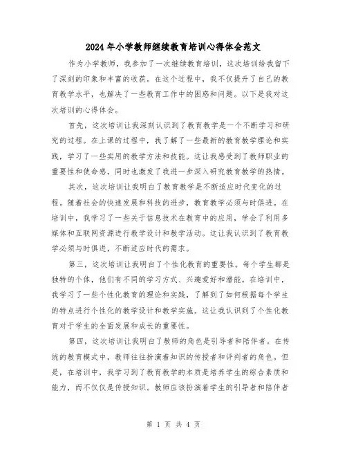 2024年小学教师继续教育培训心得体会范文(2篇)