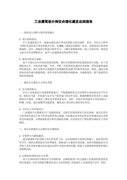 帮我写一篇总结报告的合理化建议,岗位是建筑设计师,职责是工业建筑设计,列举2-3点