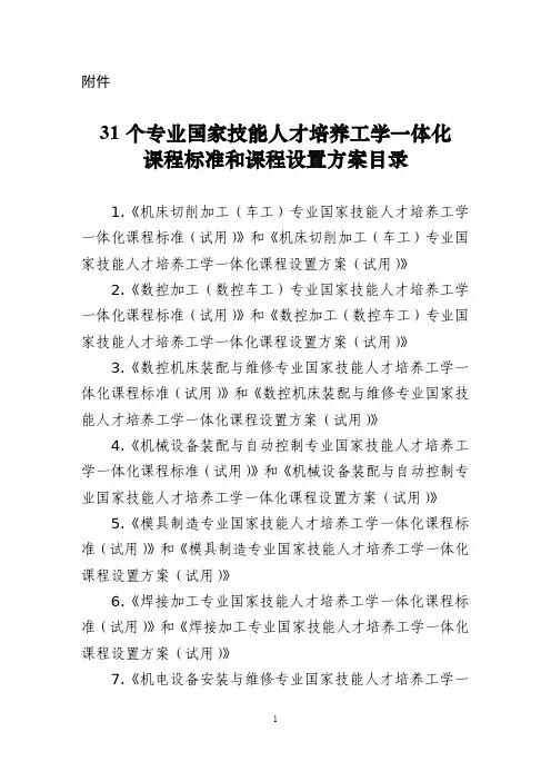 31个专业国家技能人才培养工学一体化课程标准和课程设置方案目录