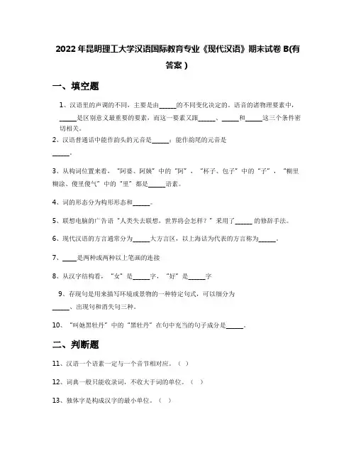 2022年昆明理工大学汉语国际教育专业《现代汉语》期末试卷B(有答案)