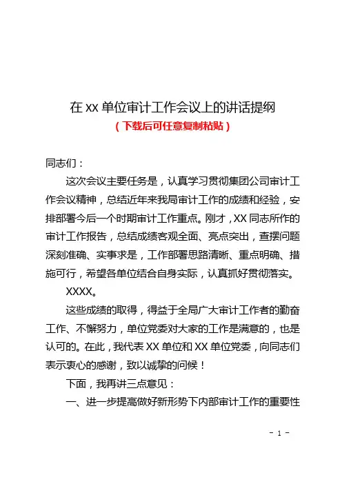 (精品)在XX单位审计工作会议上的讲话提纲