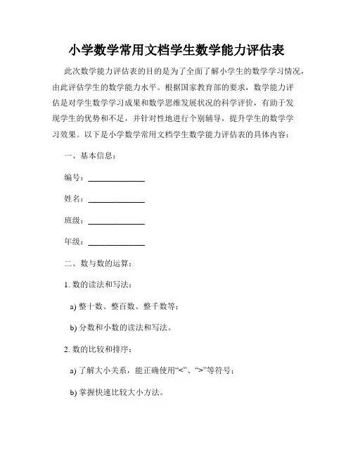 小学数学常用文档学生数学能力评估表