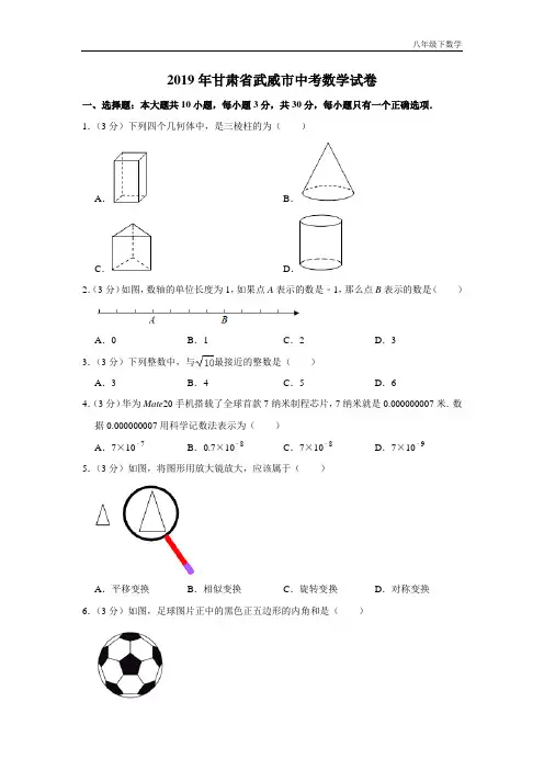 [部编】2019甘肃省武威市中考数学试卷  解析版