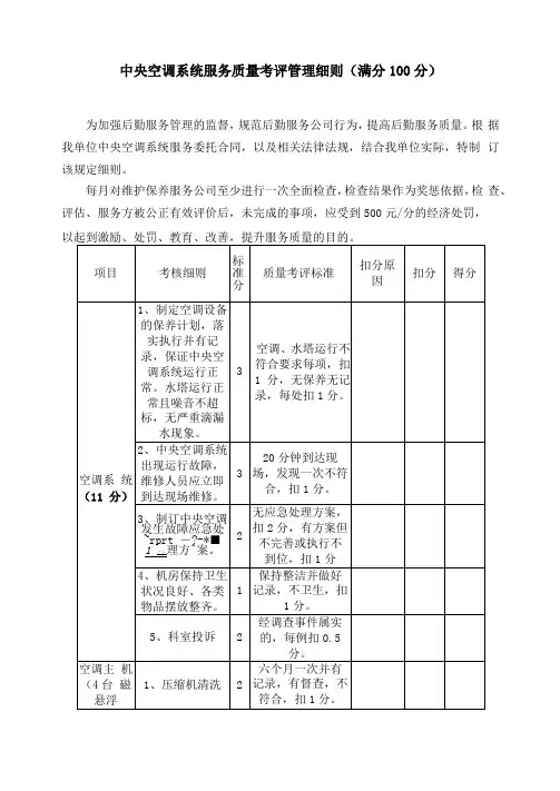 中央空调系统服务质量考评管理细则满分100分