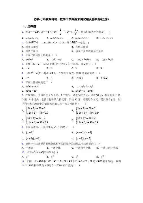 苏科七年级苏科初一数学下学期期末测试题及答案(共五套)