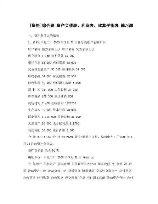 [资料]综合题资产负债表、利润表、试算平衡表练习题