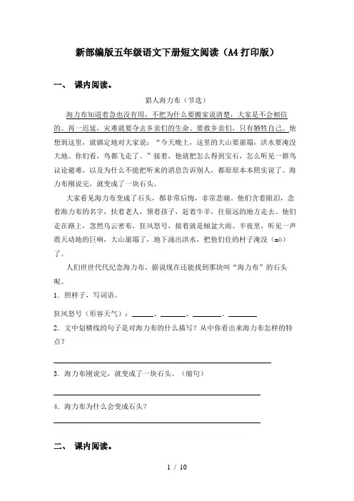 新部编版五年级语文下册短文阅读(A4打印版)