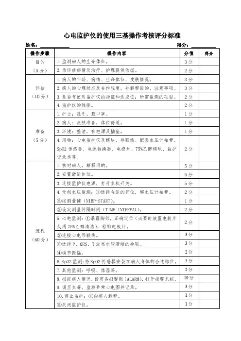 心电监护仪的使用三基操作考核评分标准