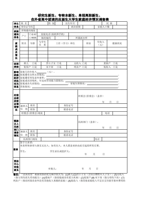 研究所在外省高中就读的应届生大学生家庭经济情况调查表