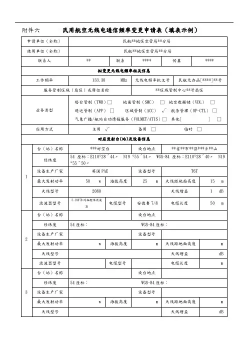 民用航空无线电台站通信频率申请表