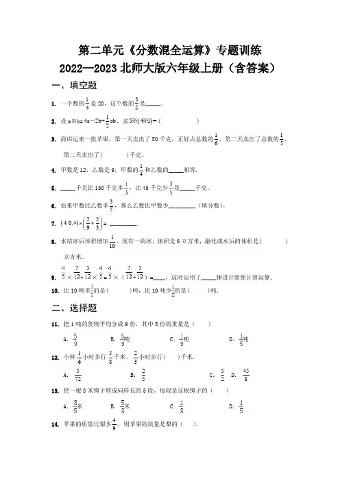 第二单元《分数混全运算》专题训练   2022—2023北师大版六年级上册(含答案)