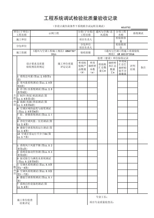 工程系统调试检验批质量验收记录(非设计满负荷条件下系统联合试运转及调试)