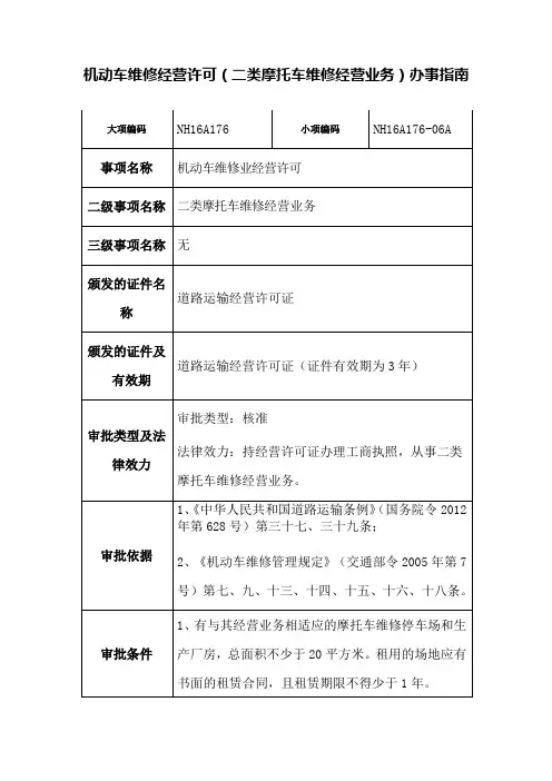 机动车维修经营许可(二类摩托车维修经营业务)办事指南