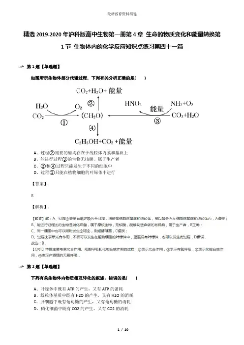 精选2019-2020年沪科版高中生物第一册第4章 生命的物质变化和能量转换第1节 生物体内的化学反应知识点练习