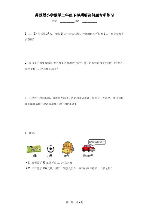 解决问题专项练习苏教版二年级下册数学