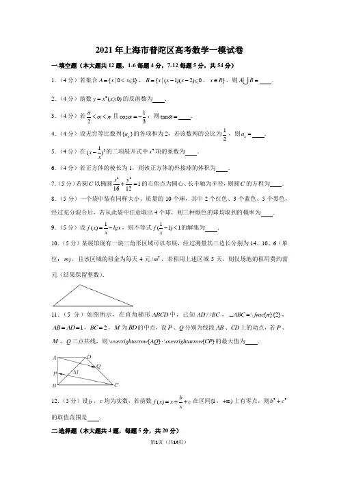2021年上海市普陀区高考数学一模试卷(含详细解析)