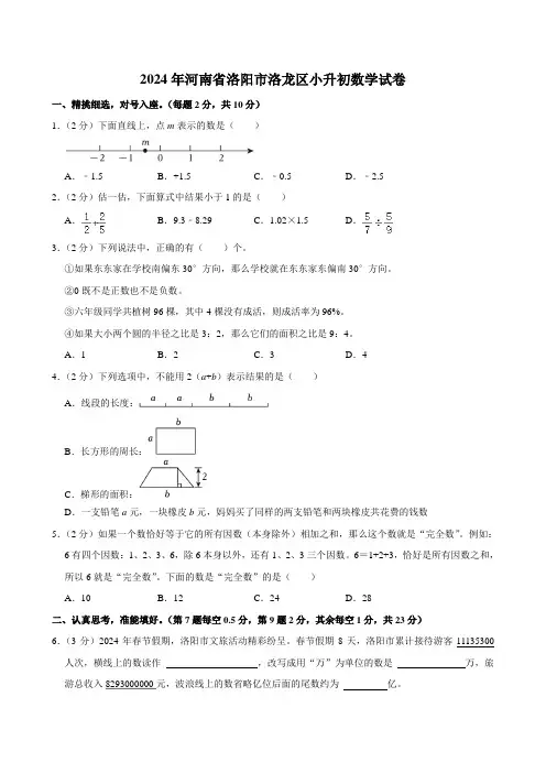 2024年河南省洛阳市洛龙区小升初数学试卷(含答案)