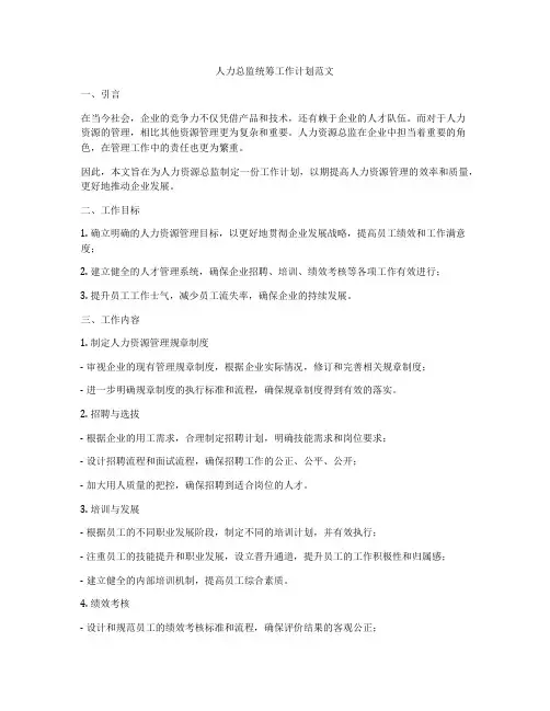 人力总监统筹工作计划范文