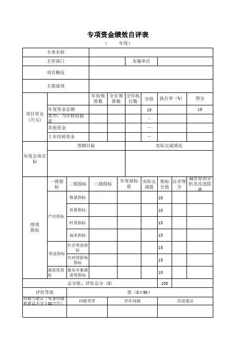 专项资金绩效评价自评表模板