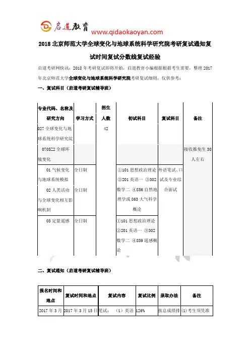 2018北京师范大学全球变化与地球系统科学研究院考研复试通知复试时间复试分数线复试经验
