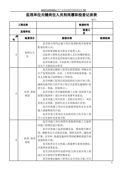 对监理单位关键岗位人员到岗履职检查记录表