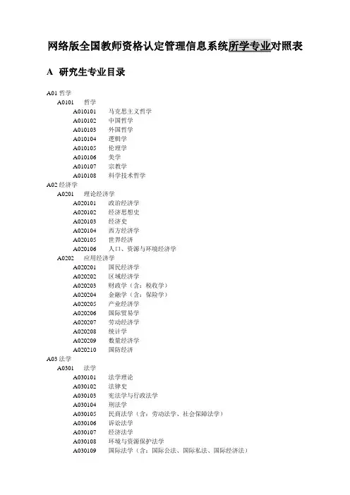 全国教师资格认定专业对照表
