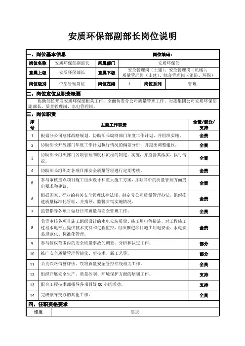 安质环保部副部长岗位说明