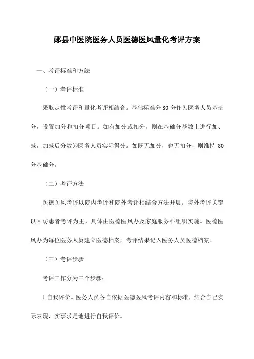 医院医务人员医德医风量化考评方案样本