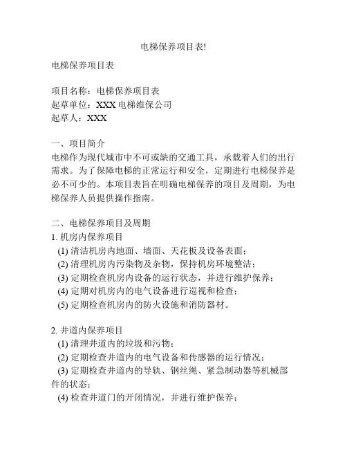电梯保养项目表!