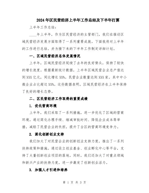 2024年区民营经济上半年工作总结及下半年打算