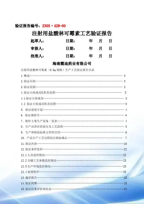 注射用盐酸林可霉素工艺验证报告0.6g