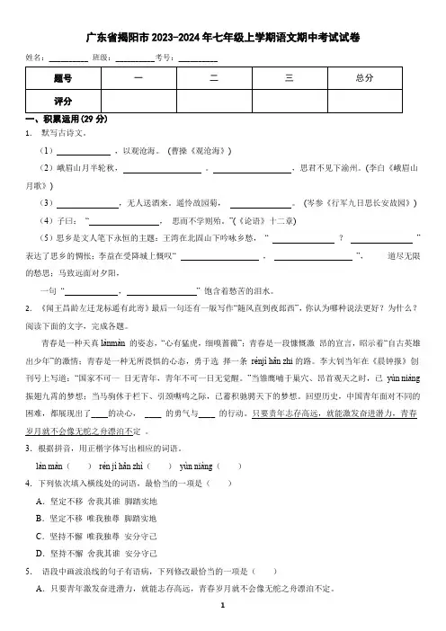 广东省揭阳市2023-2024年七年级上学期语文期中考试试卷(含答案)