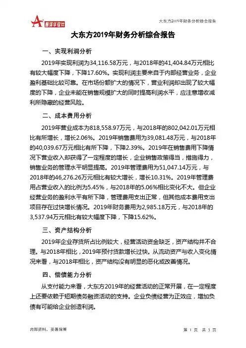 大东方2019年财务分析结论报告