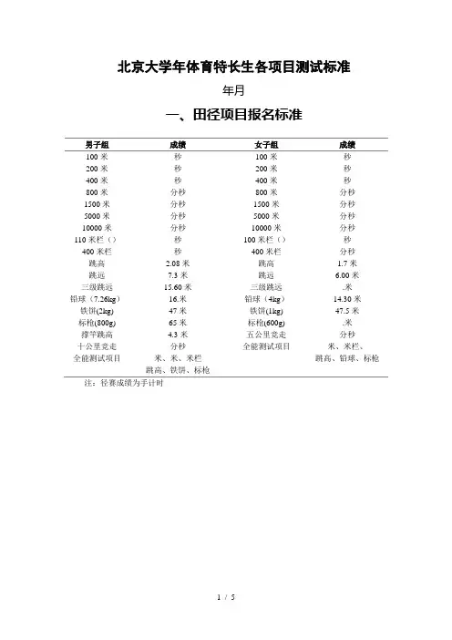 北京大学体育特长生各项目测试标准