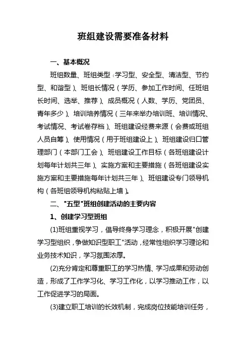 班组建设需要准备材料