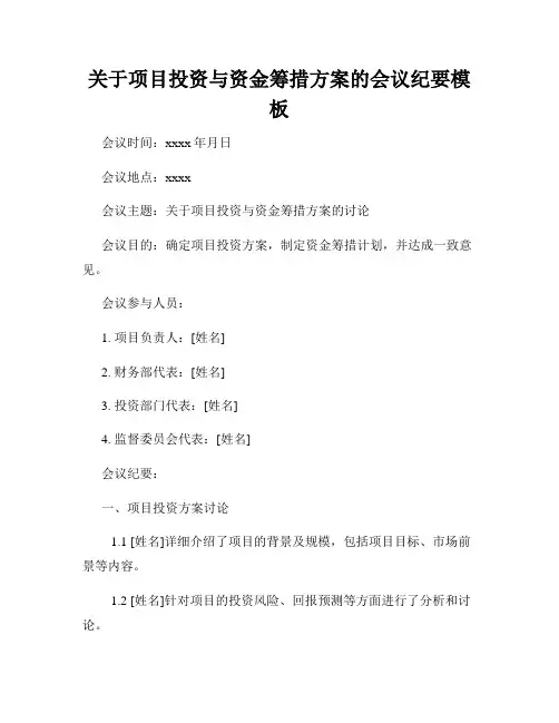 关于项目投资与资金筹措方案的会议纪要模板